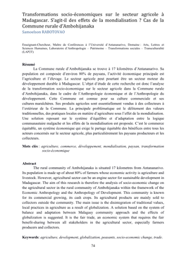 Transformations Socio-Économiques Sur Le Secteur Agricole À Madagascar