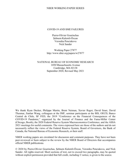 Nber Working Paper Series Covid-19 and Sme Failures