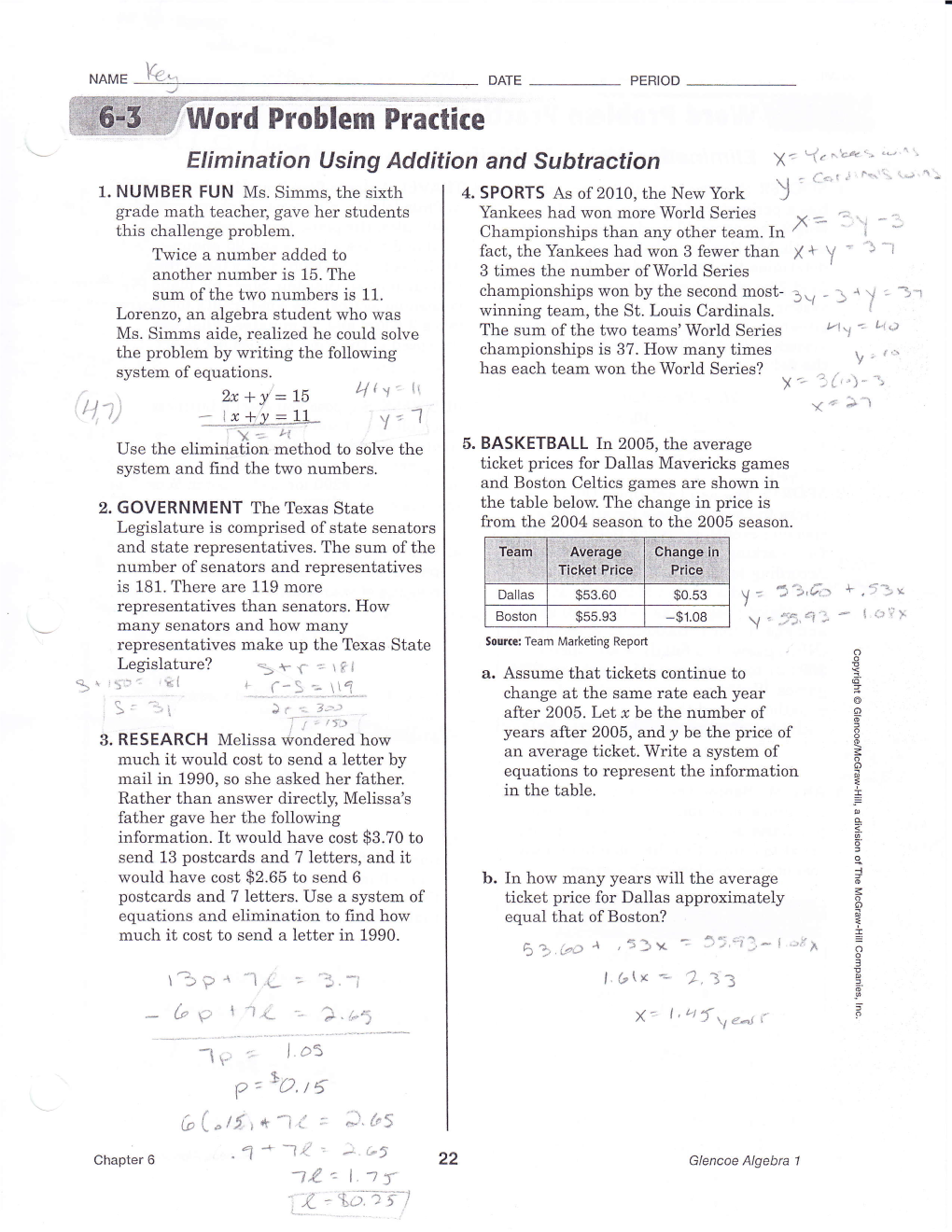 Wproblem Practice Elimination Using Addition and Subtraction X- 1