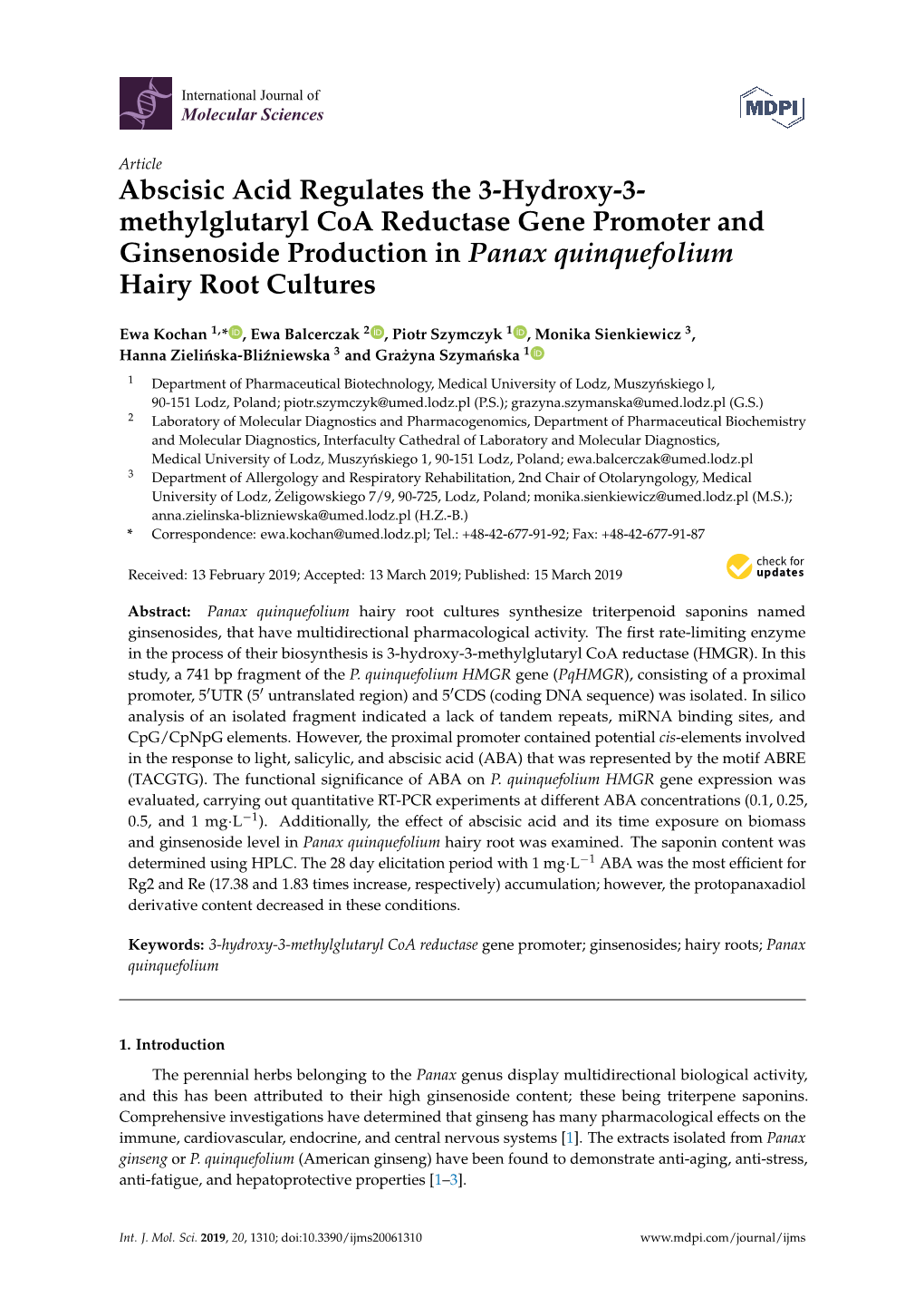 Methylglutaryl Coa Reductase Gene Promoter and Ginsenoside Production in Panax Quinquefolium Hairy Root Cultures