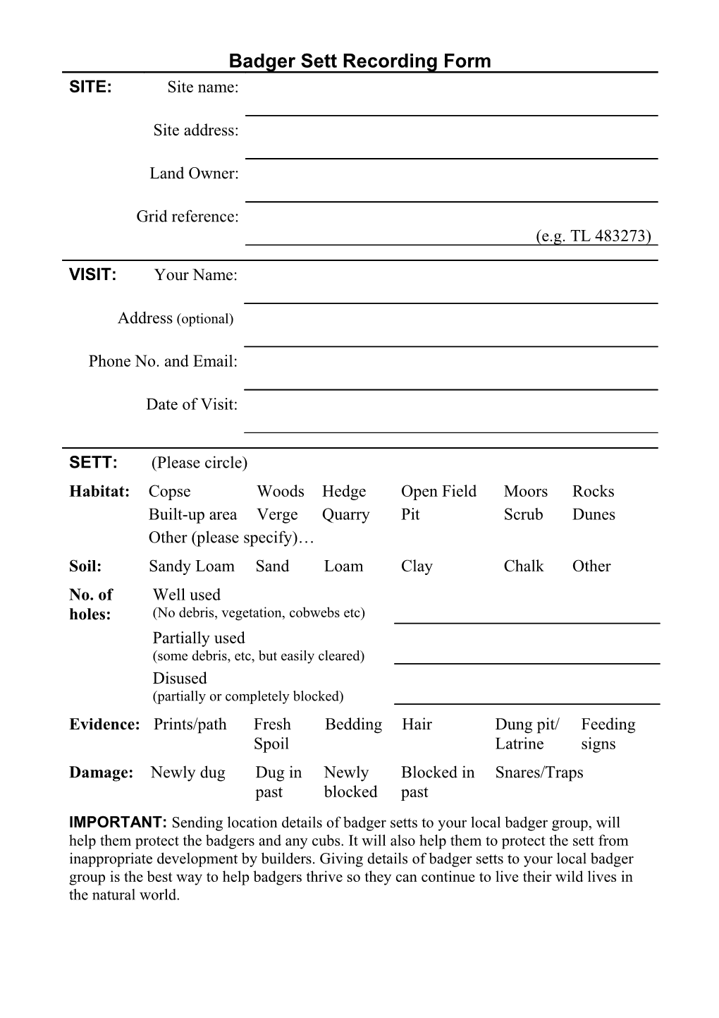 Badger Sett Recording Form