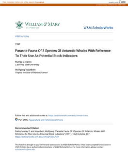 Parasite Fauna of 3 Species of Antarctic Whales with Reference to Their Use As Potential Stock Indicators