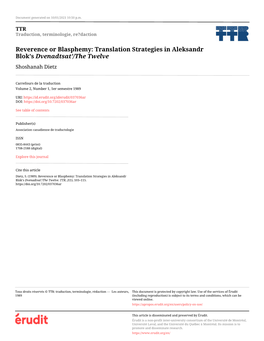 Translation Strategies in Aleksandr Blok's Dvenadtsat'/The Twelve Shoshanah Dietz