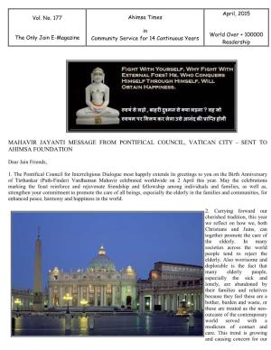 Mahavir Jayanti Message from Pontifical Council, Vatican City - Sent to Ahimsa Foundation