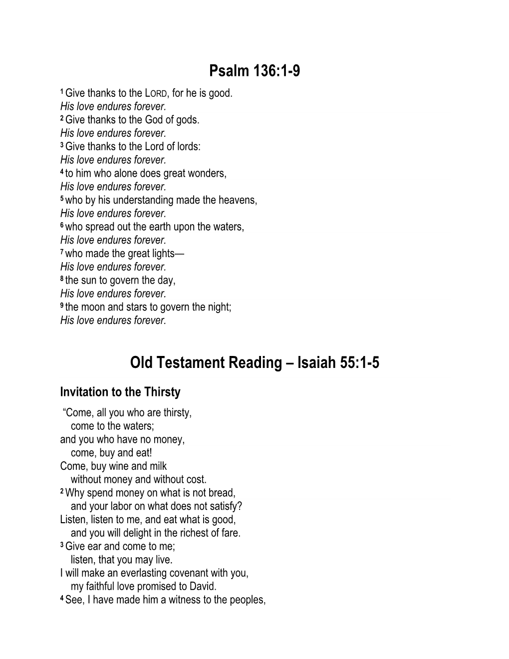 Psalm 136:1-9 Old Testament Reading – Isaiah 55:1-5