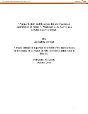 Popular History and the Desire for Knowledge: an Examination of James A. Michener's the Source As a Popular History of Isra