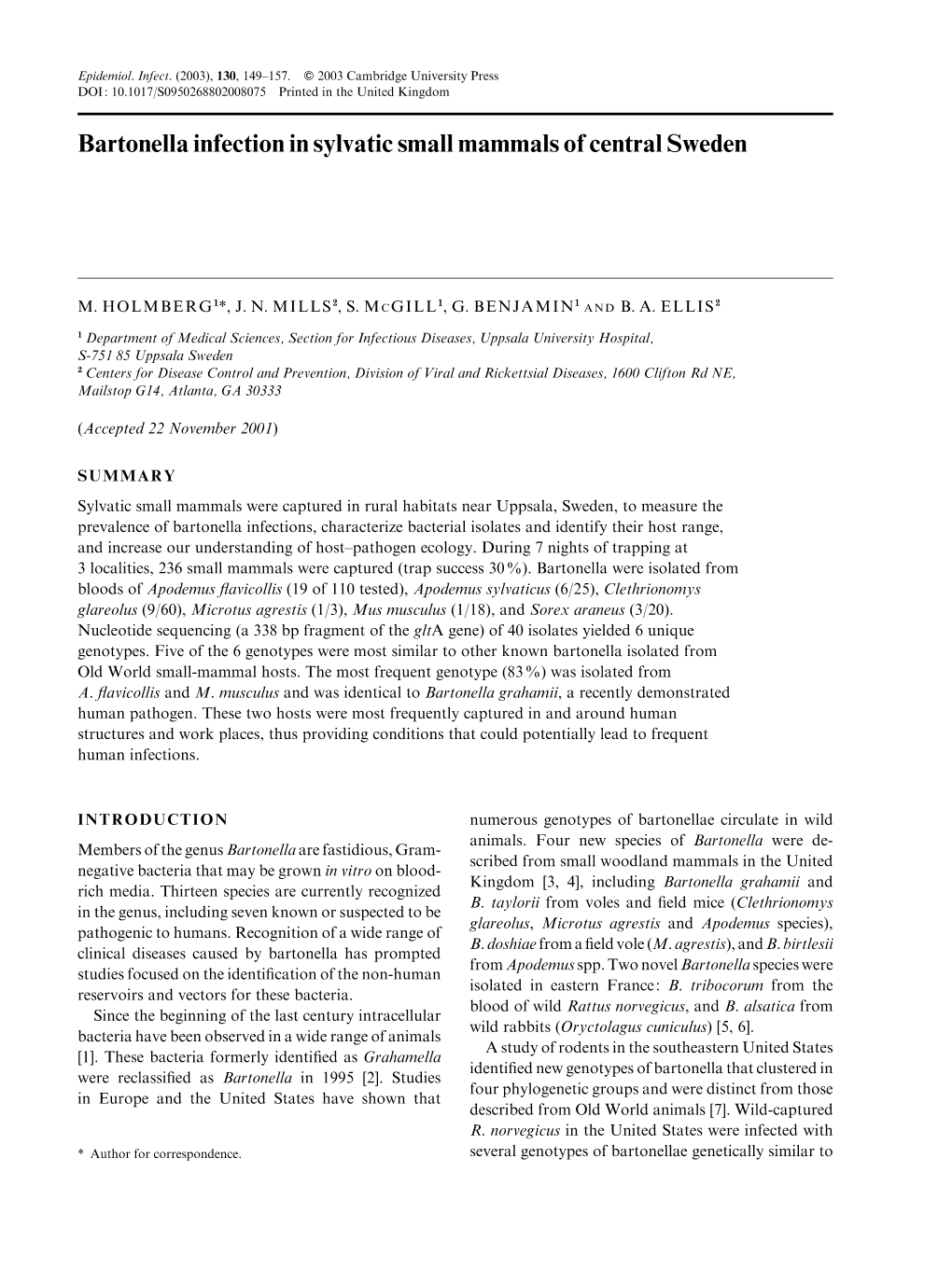 Bartonella Infection in Sylvatic Small Mammals of Central Sweden