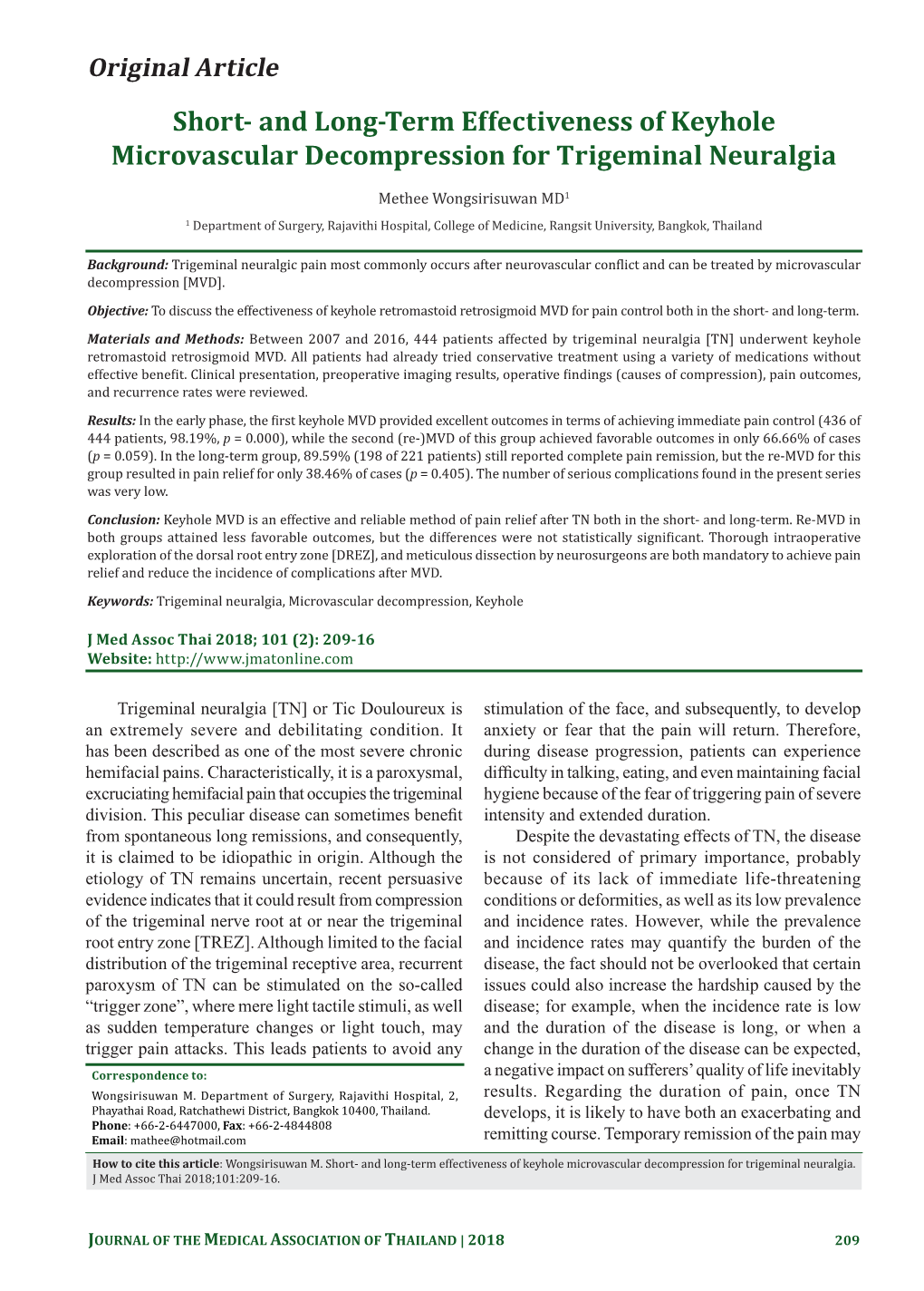 Short- and Long-Term Effectiveness of Keyhole Microvascular Decompression for Trigeminal Neuralgia