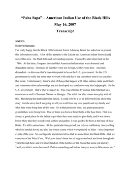 “Paha Sapa” – American Indian Use of the Black Hills May 16, 2007 Transcript