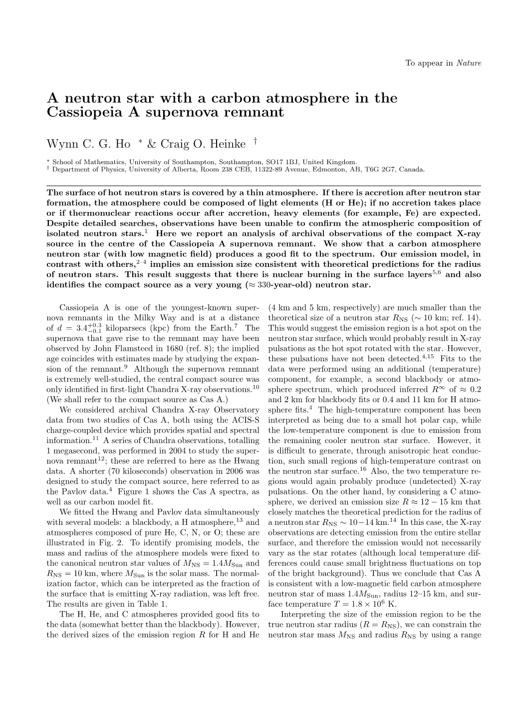 A Neutron Star with a Carbon Atmosphere in the Cassiopeia a Supernova Remnant