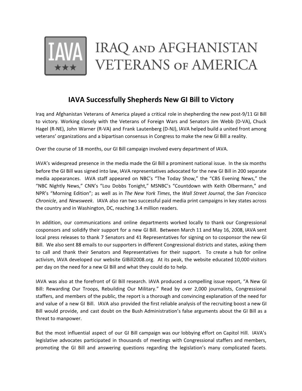 IAVA Successfully Shepherds New GI Bill to Victory