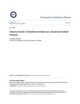 Vytautus Kavolis: Civilizational Analysis As a Social and Cultural Criticism