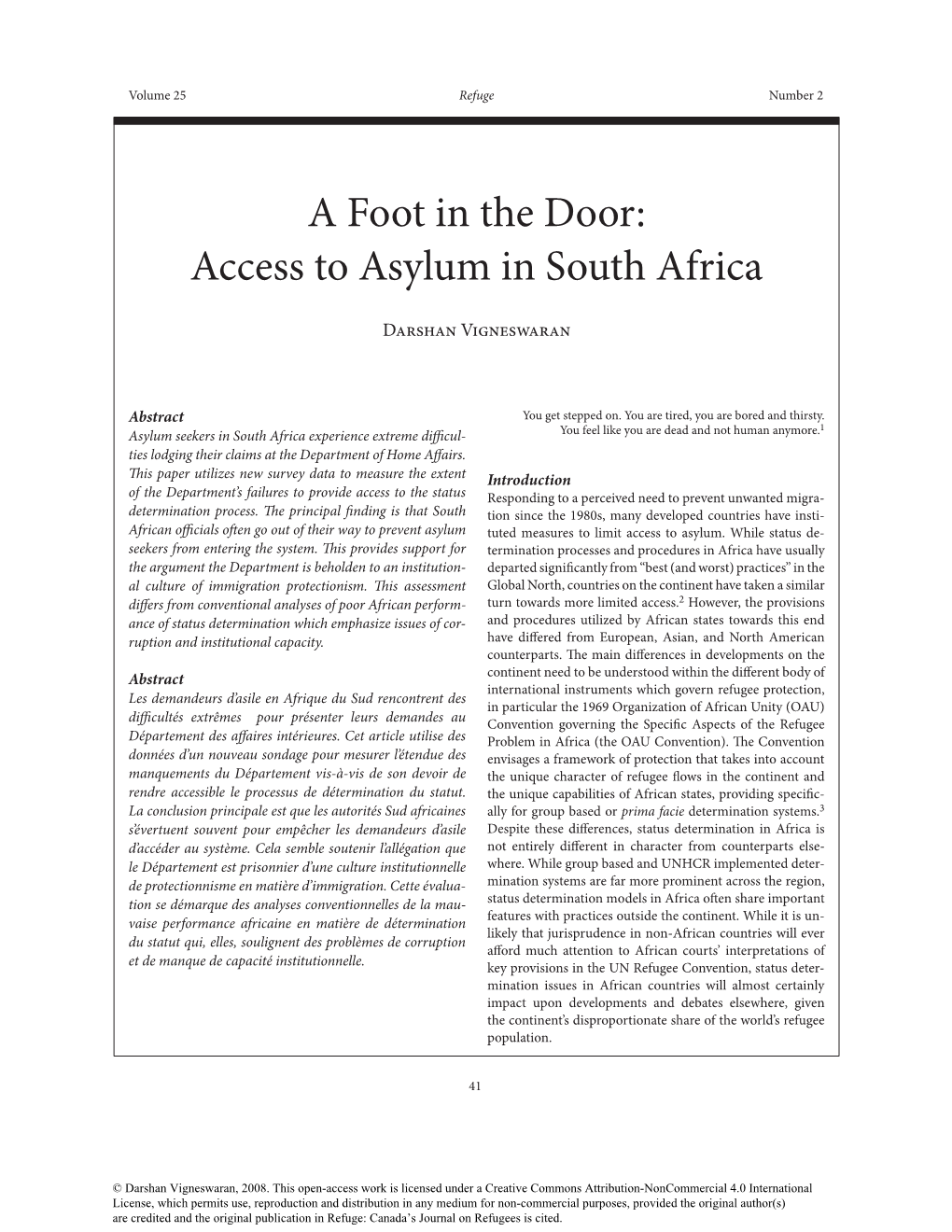 Access to Asylum in South Africa