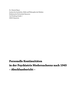 Personelle Kontinuitäten in Der Psychiatrie Niedersachsens Nach 1945 – Abschlussbericht –