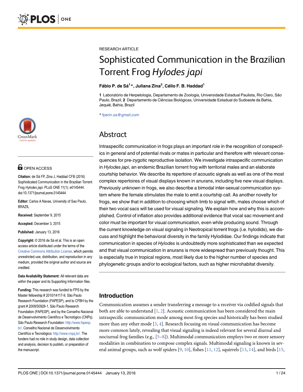 Sophisticated Communication in the Brazilian Torrent Frog Hylodes Japi