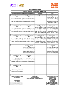 Mutua Madrid Open ORDER of PLAY - THURSDAY, 6 MAY 2021