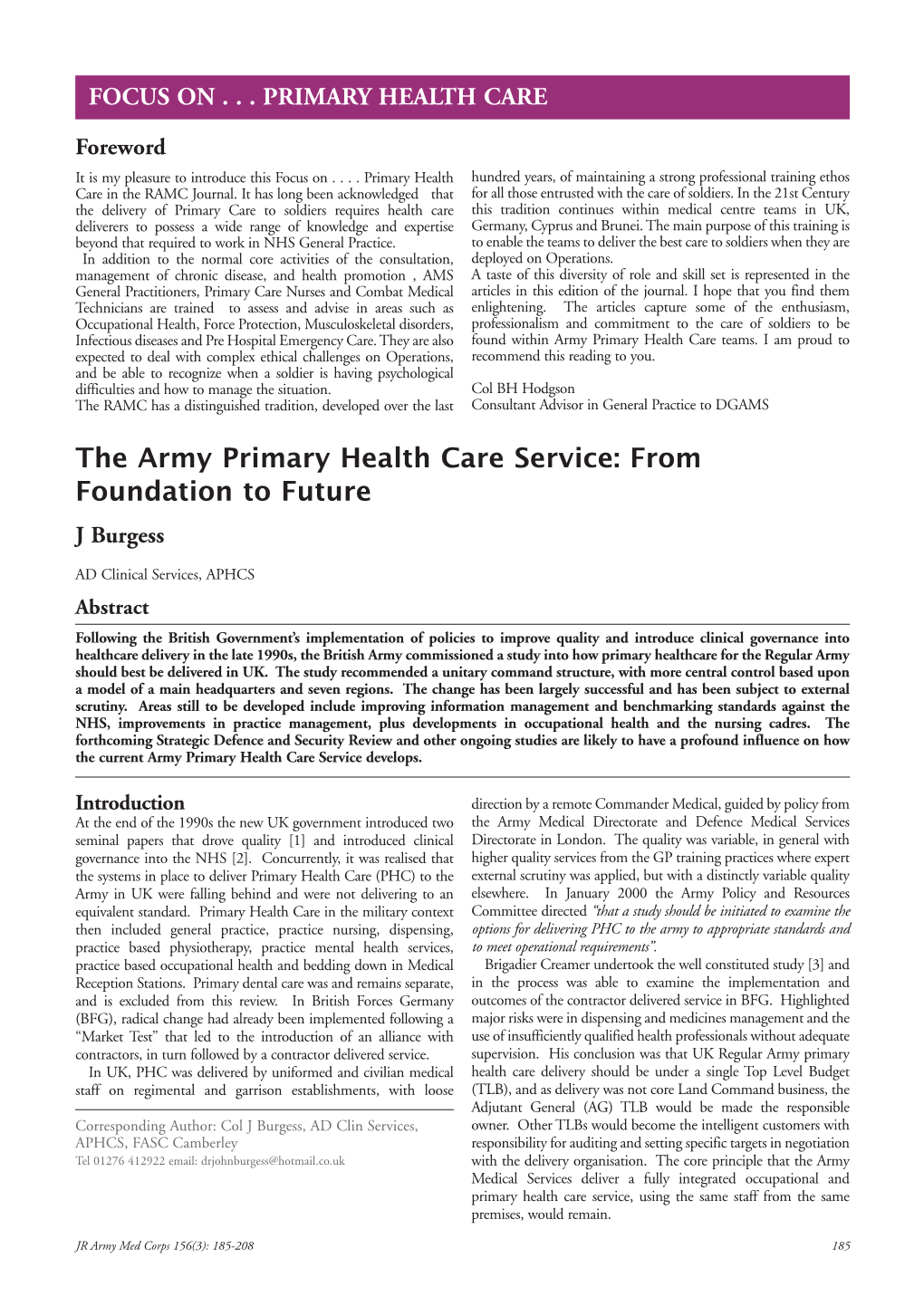 The Army Primary Health Care Service: from Foundation to Future J Burgess