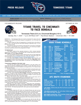 Titans Travel to Cincinnati to Face Bengals