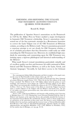 Emending and Defending the Vulgate Old Testament: Agostino Steuco’S Quarrel with Erasmus