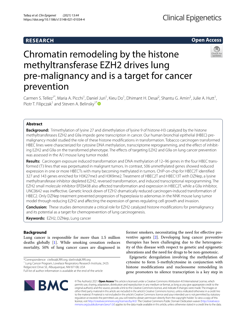 Chromatin Remodeling by the Histone Methyltransferase EZH2 Drives Lung Pre‑Malignancy and Is a Target for Cancer Prevention Carmen S