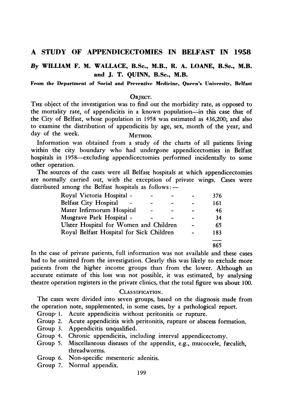 A STUDY of APPENDICECTOMIES in BELFAST in 1958 by WILLIAM F