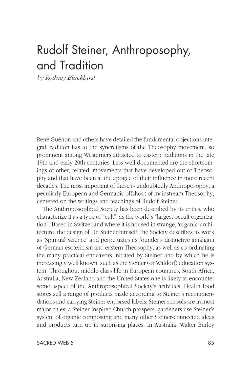 Rudolf Steiner, Anthroposophy, and Tradition by Rodney Blackhirst