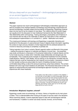 Did You Sleep Well on Your Headrest? – Anthropological Perspectives on an Ancient Egyptian Implement Katharina Zinn, University of Wales Trinity Saint David