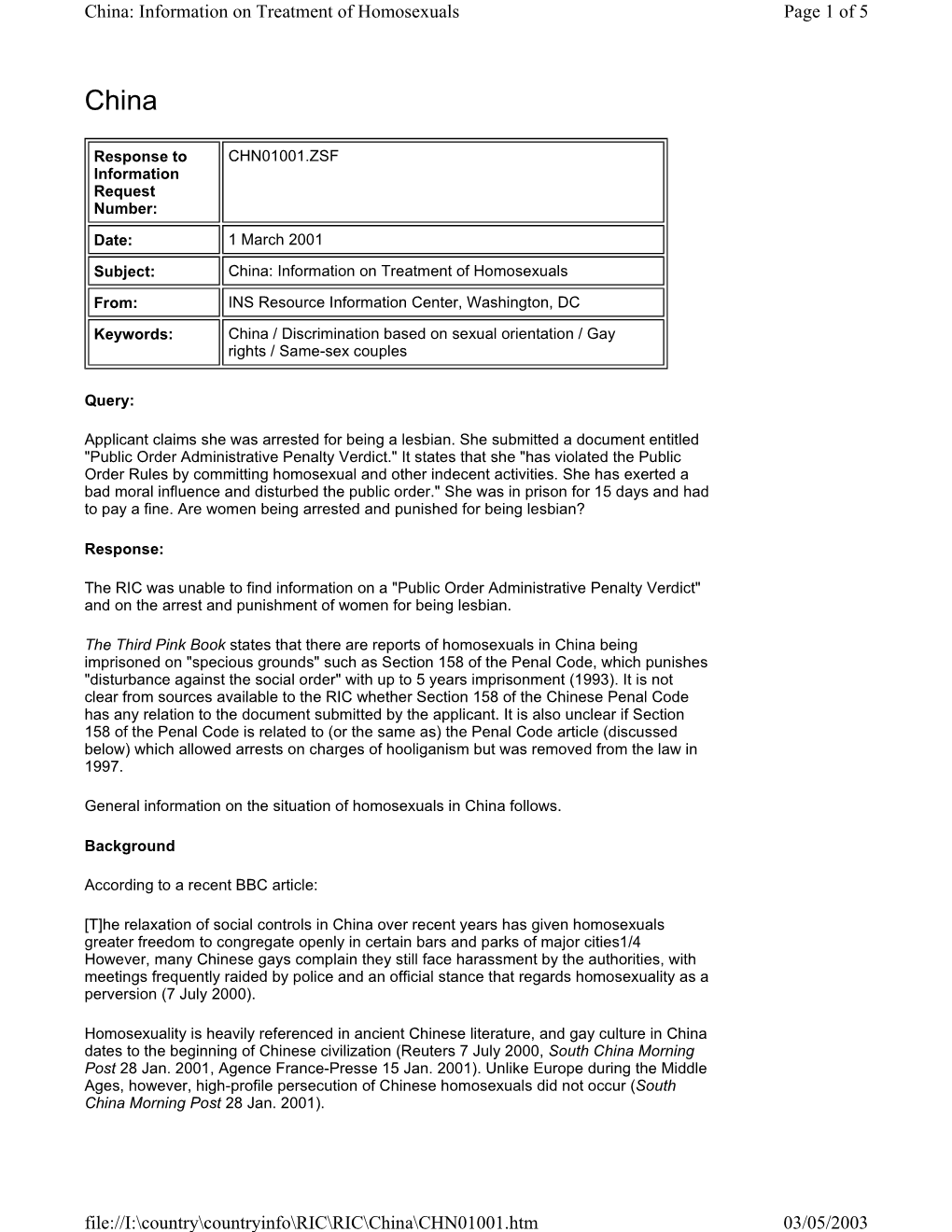 China: Information on Treatment of Homosexuals Page 1 of 5