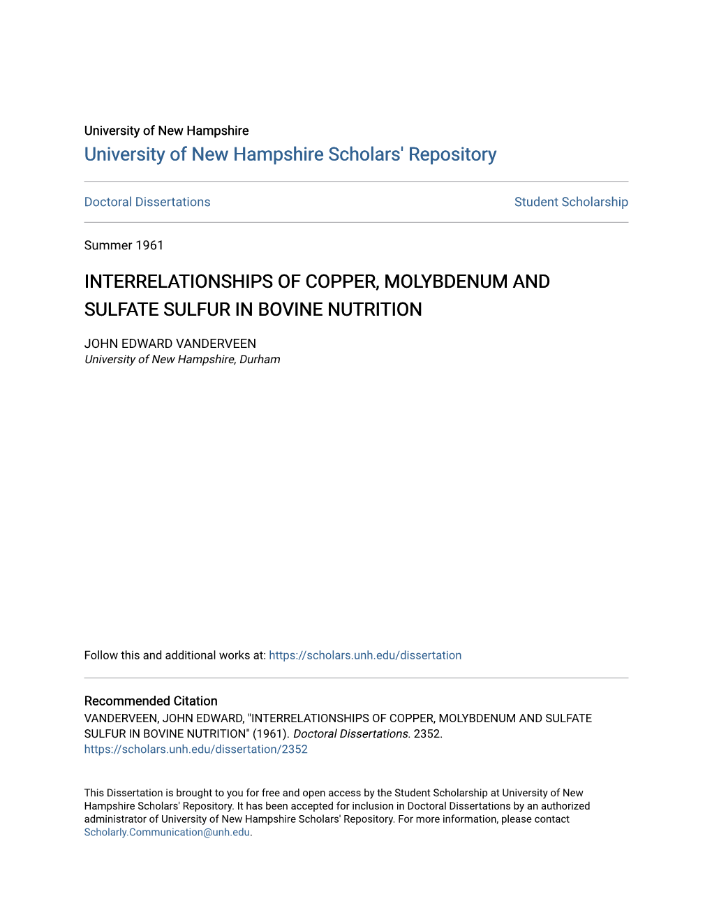 Interrelationships of Copper, Molybdenum and Sulfate Sulfur in Bovine Nutrition