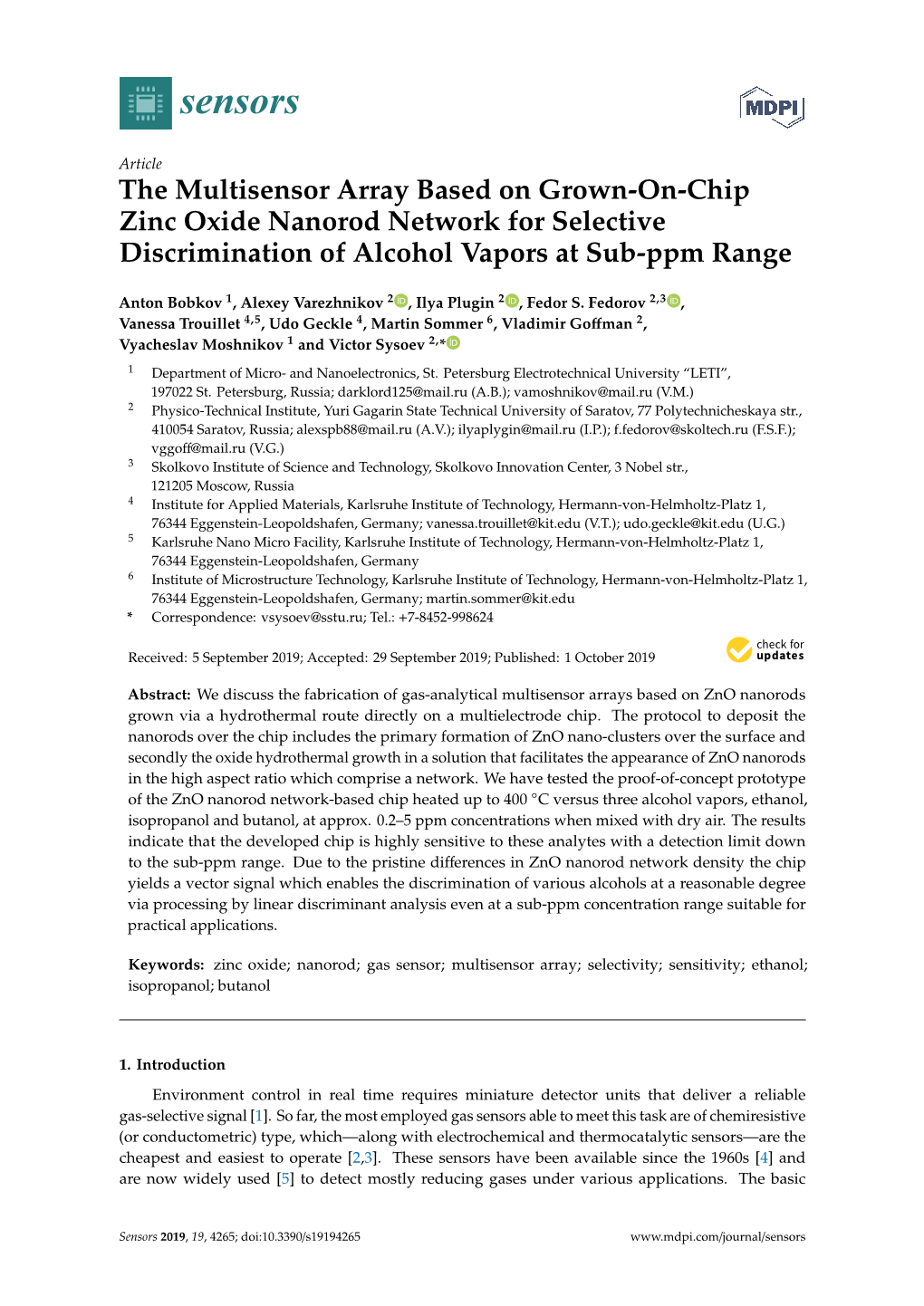 The Multisensor Array Based on Grown-On-Chip Zinc Oxide Nanorod Network for Selective Discrimination of Alcohol Vapors at Sub-Ppm Range