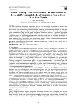 Obubra Yesterday, Today and Tomorrow: an Assessment of the Economic Development of a Local Government Area in Cross River State, Nigeria