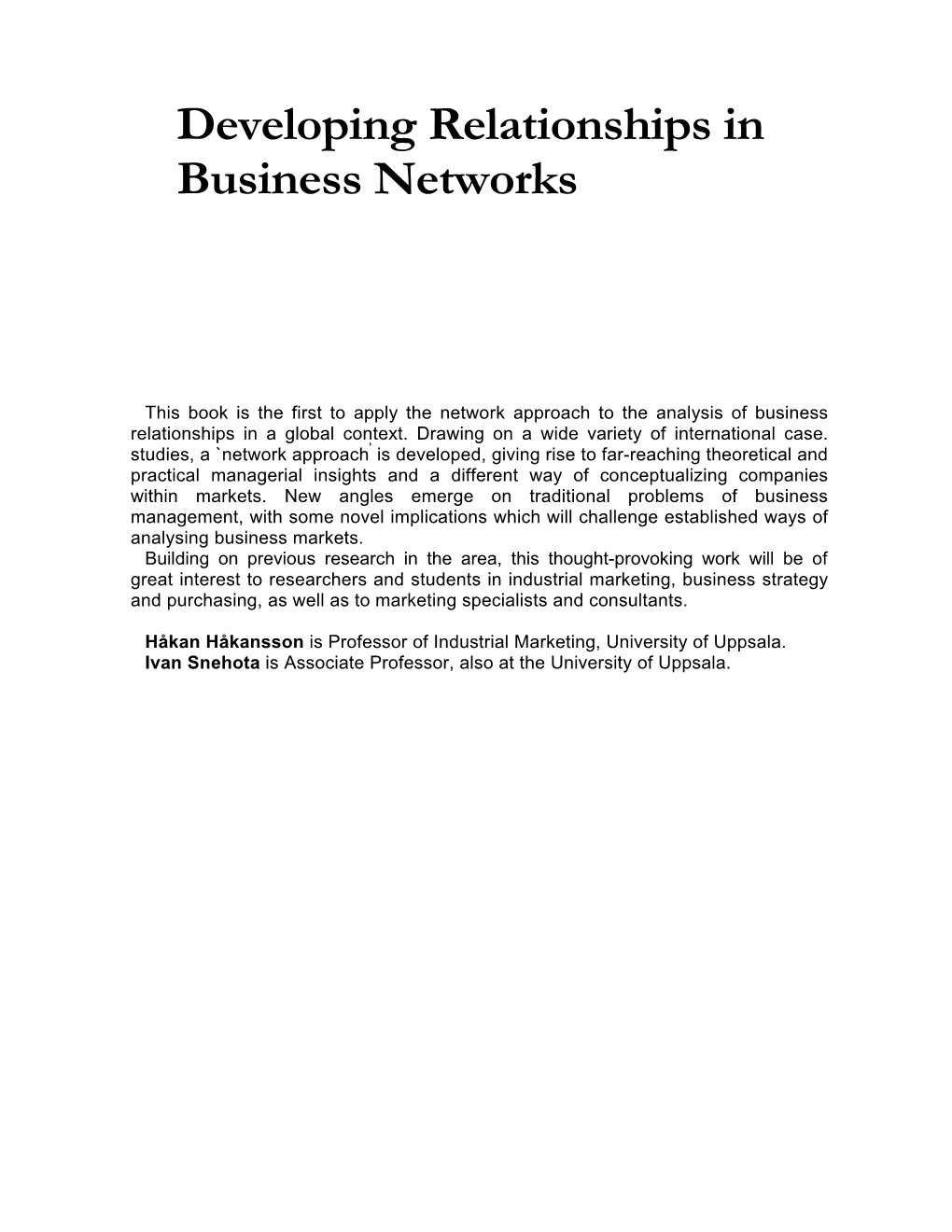 Developing Relationships in Business Networks