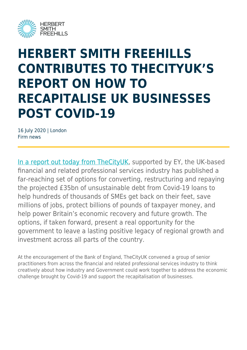 Herbert Smith Freehills Contributes to Thecityuk's Report on How To