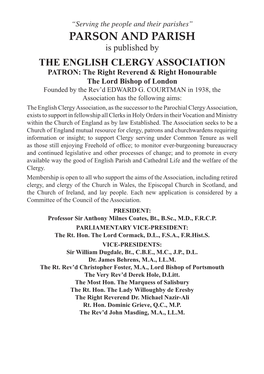 PARSON and PARISH Is Published by the ENGLISH CLERGY ASSOCIATION PATRON: the Right Reverend & Right Honourable the Lord Bishop of London Founded by the Rev’D EDWARD G