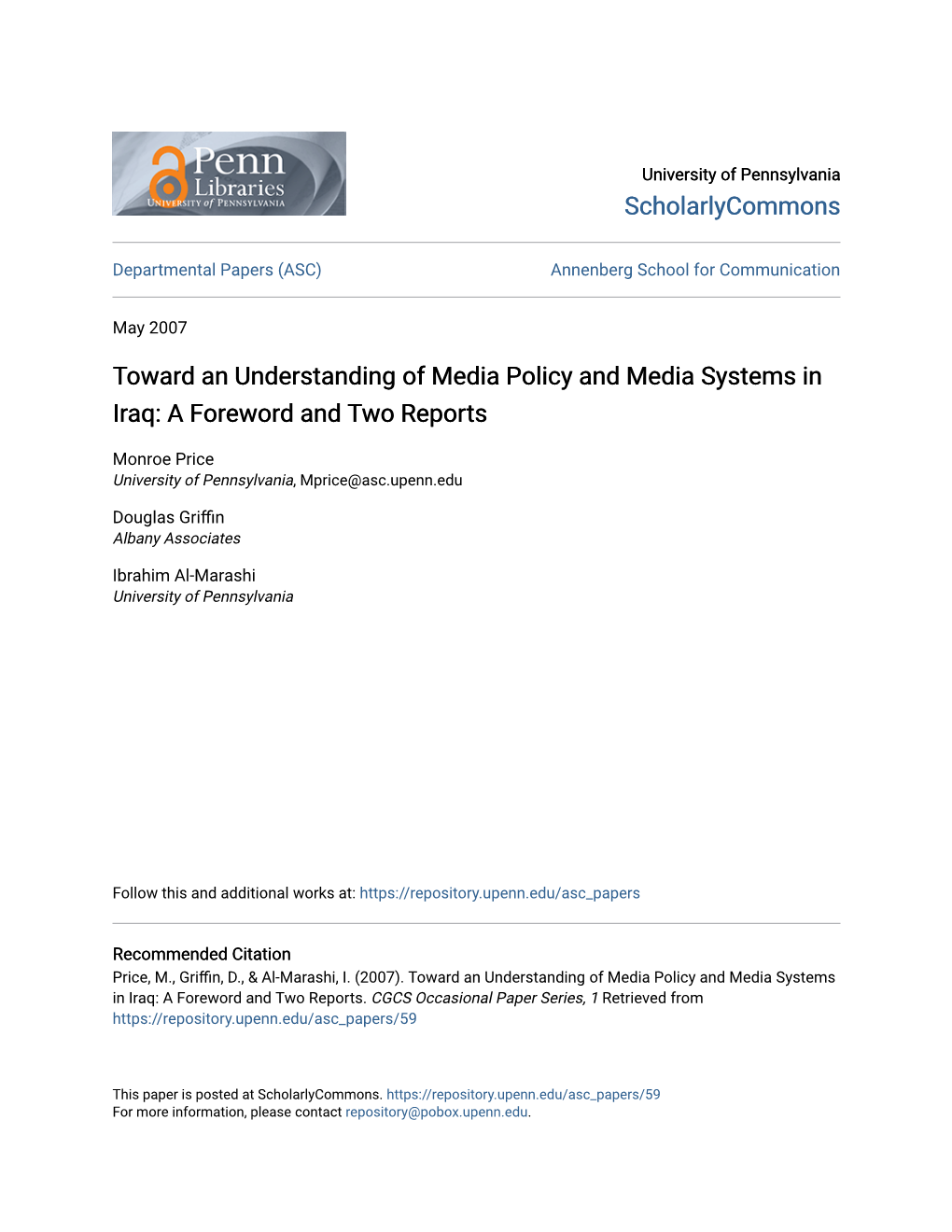 Toward an Understanding of Media Policy and Media Systems in Iraq: a Foreword and Two Reports