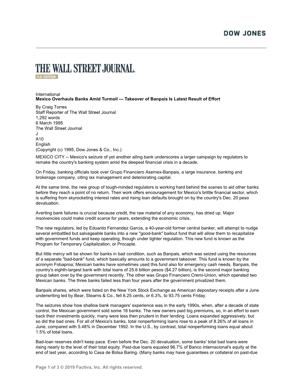 Page 1 of 3 © 2019 Factiva, Inc. All Rights Reserved. International Mexico Overhauls Banks Amid Turmoil --- Takeover of Banpais