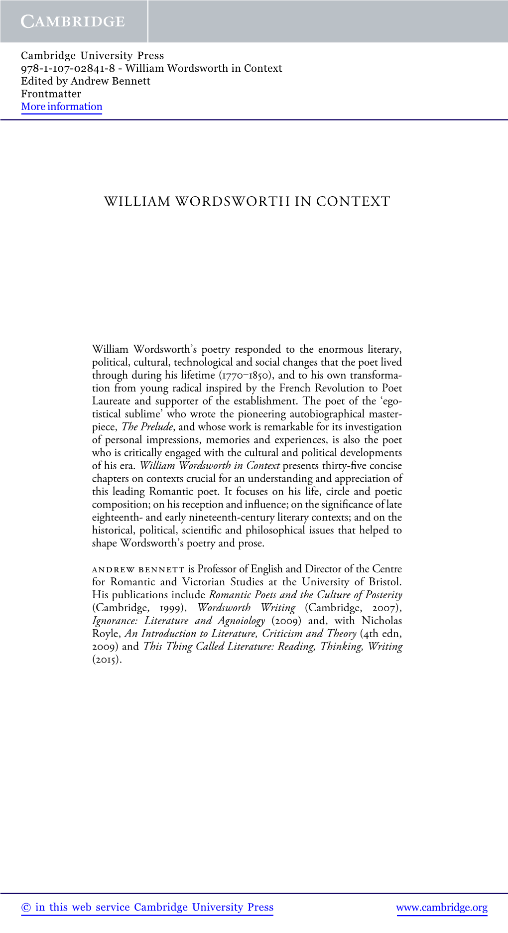 William Wordsworth in Context Edited by Andrew Bennett Frontmatter More Information