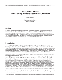Unrecognized Potential: Media Framing of Hitler's Rise to Power, 1930-1933