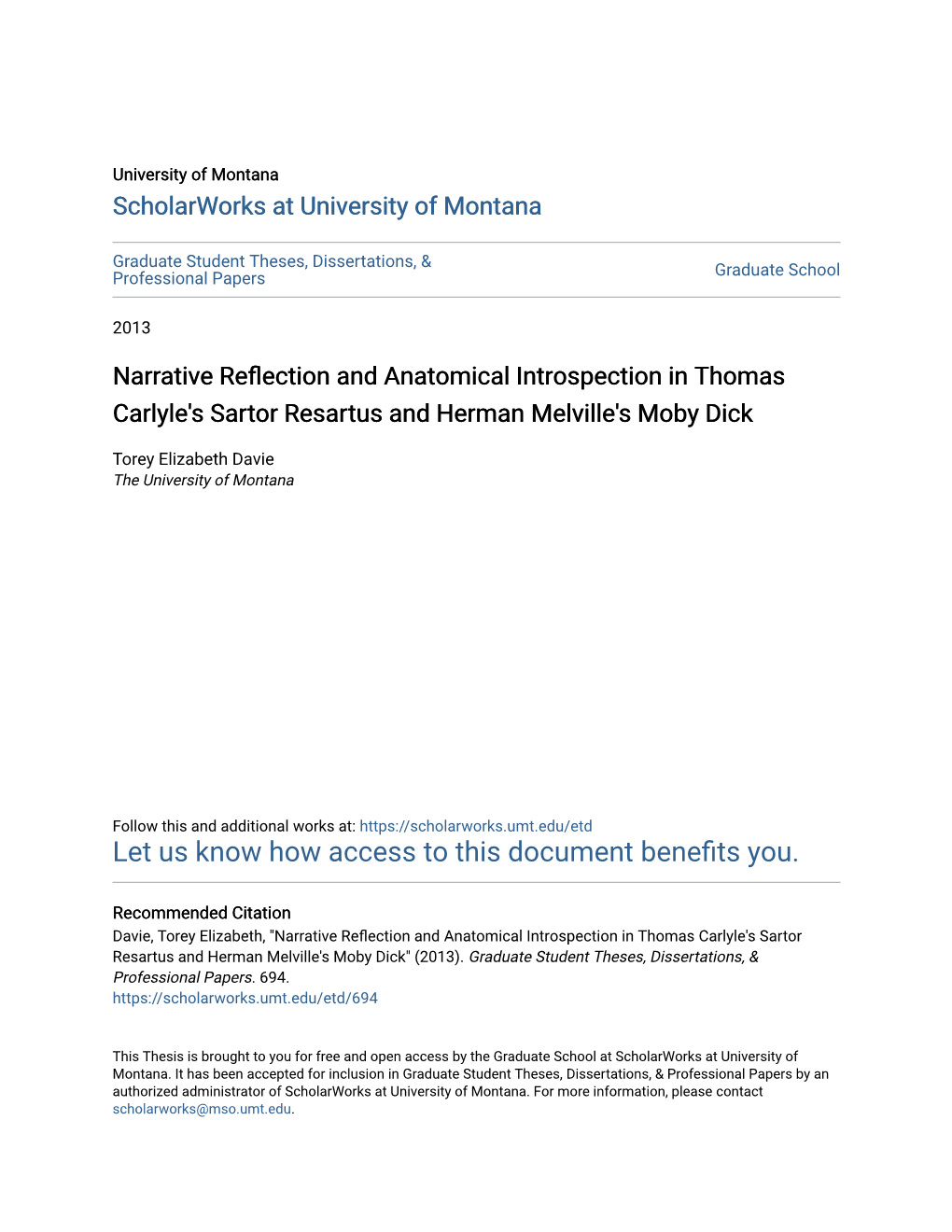 Narrative Reflection and Anatomical Introspection in Thomas Carlyle's Sartor Resartus and Herman Melville's Moby Dick