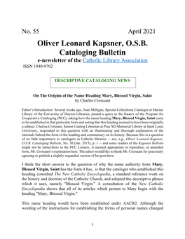 Oliver Leonard Kapsner, O.S.B. Cataloging Bulletin