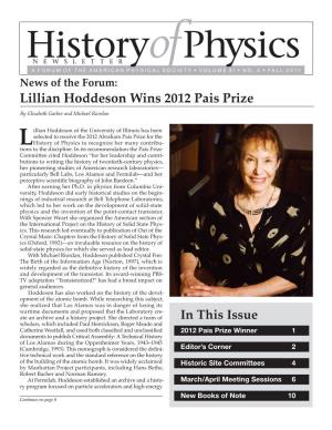Lillian Hoddeson Wins 2012 Pais Prize in This Issue
