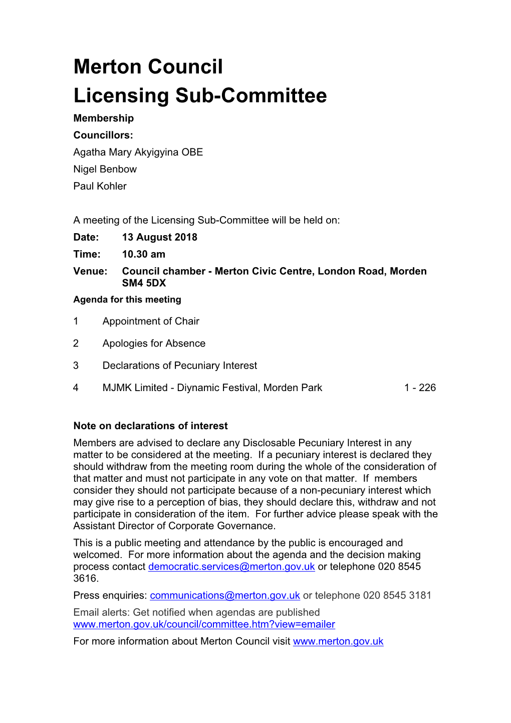 (Public Pack)Agenda Document for Licensing Sub-Committee, 13/08