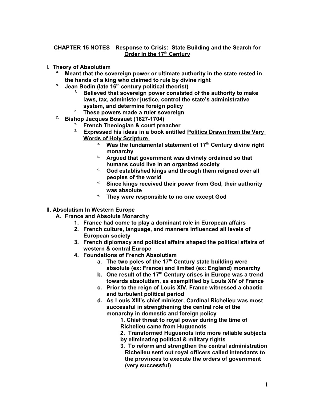 CHAPTER 15 NOTES—Response To Crisis: State Building And The Search For Order In The 17Th Century