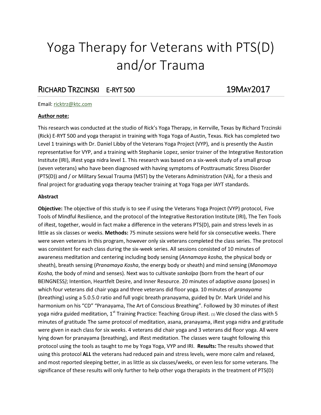 Yoga Therapy for Veterans with PTS(D) And/Or Trauma