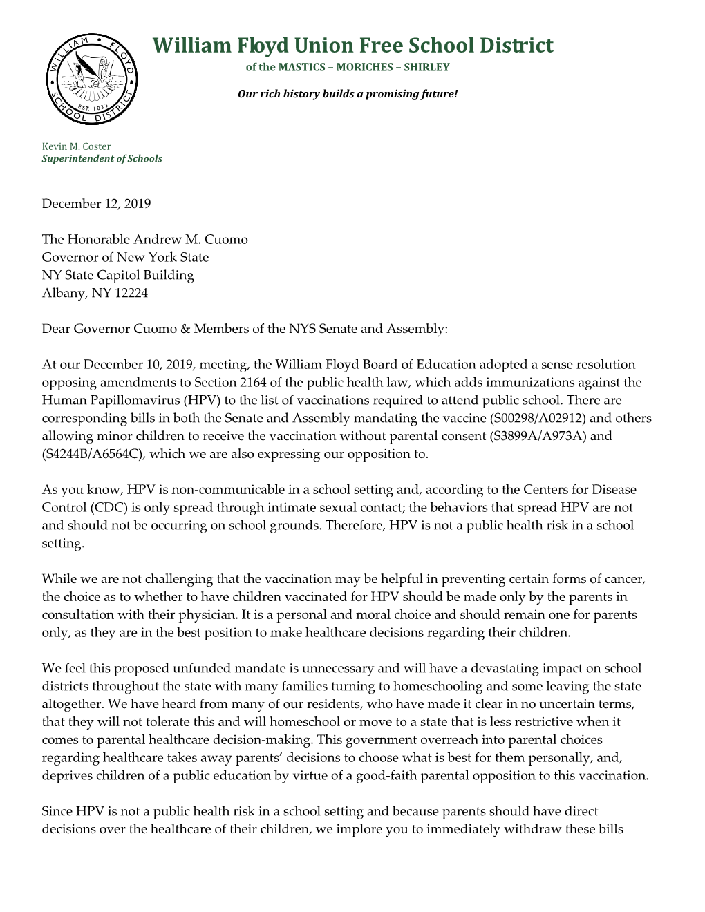 Letter Opposing HPV Vaccination Legislastion