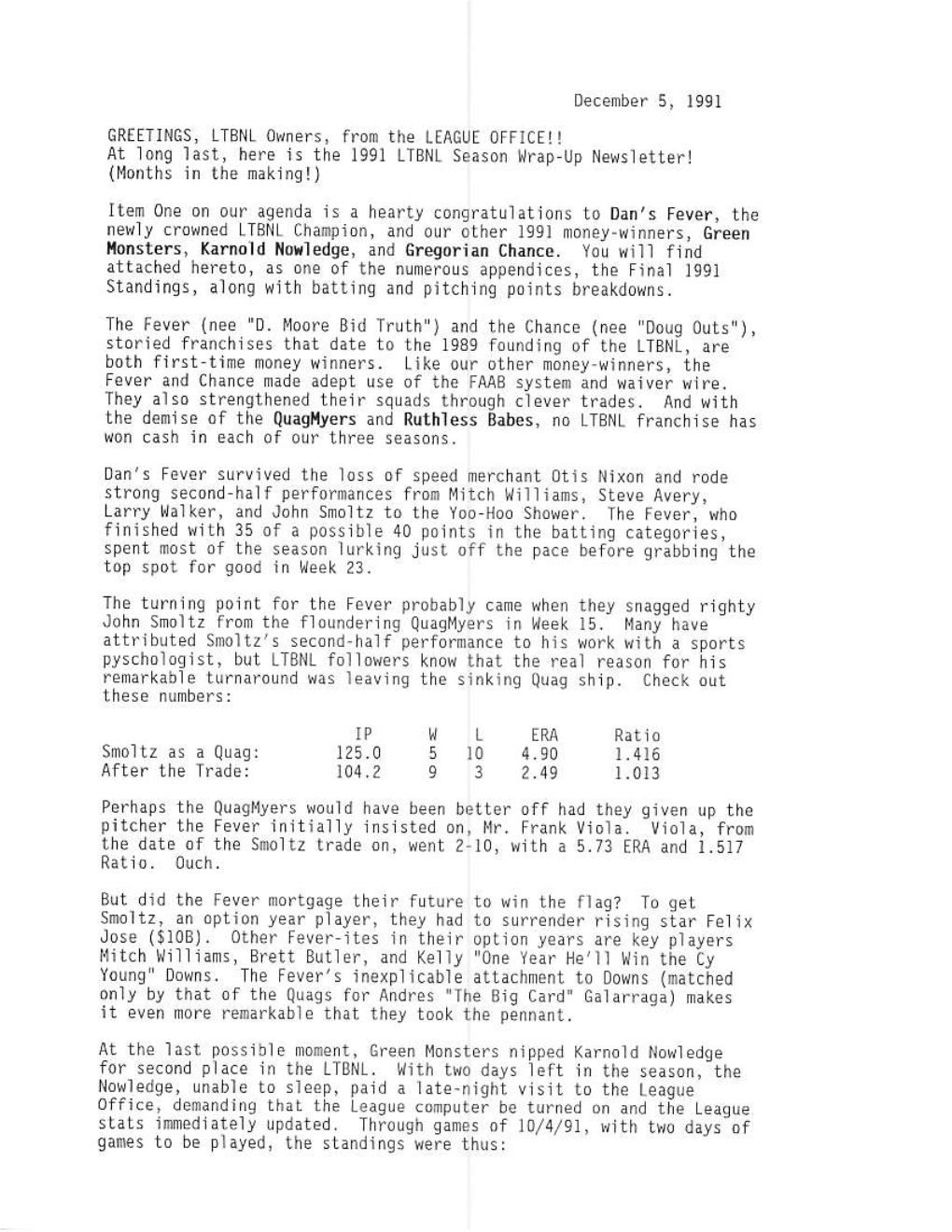 At Long Last, Here Is the 1991 LTBNL Season Wrap-Up Newsletter!