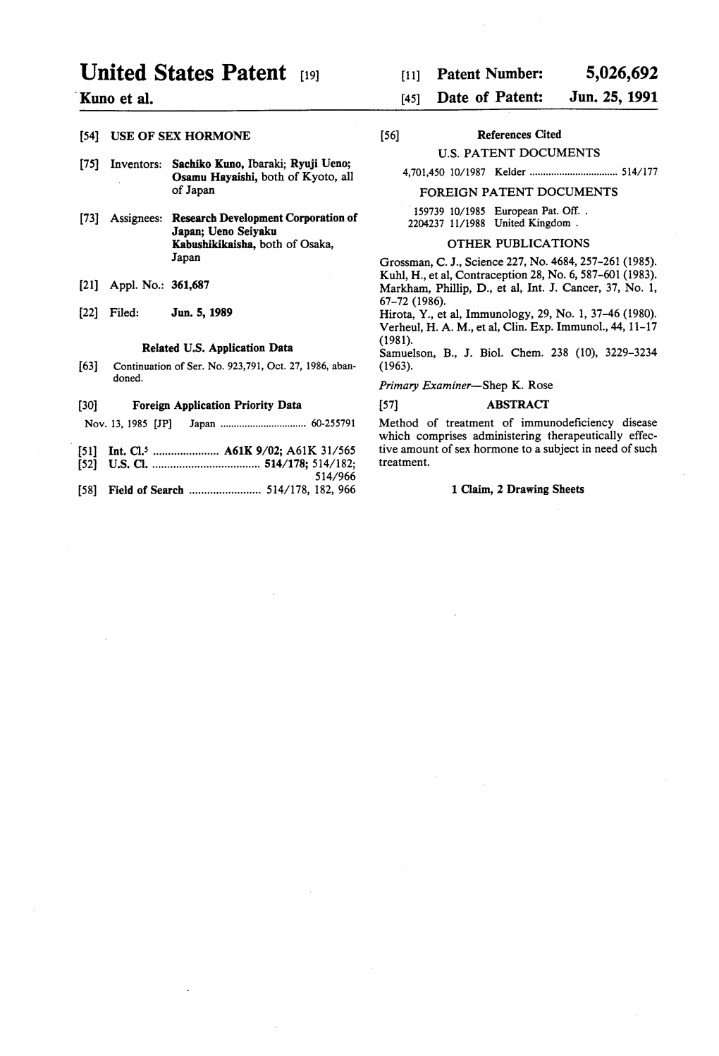 United States Patent (19) 11 Patent Number: 5,026,692 Kuno Et Al