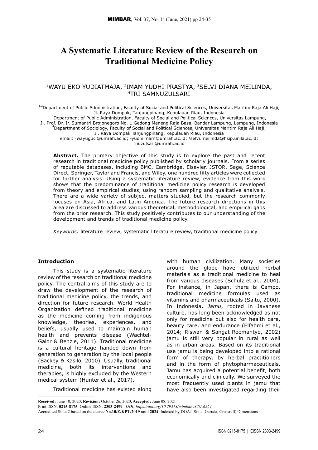 A Systematic Literature Review of the Research on Traditional Medicine Policy