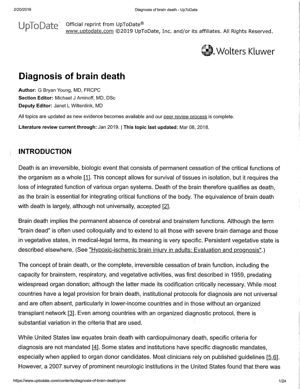 Diagnosis of Brain Death - Uptodate