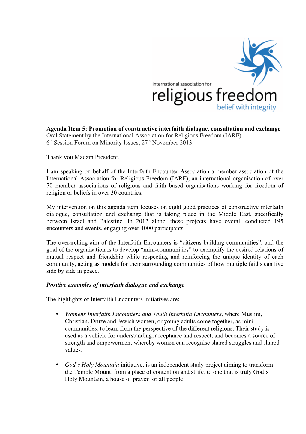 Agenda Item 5: Promotion of Constructive Interfaith Dialogue